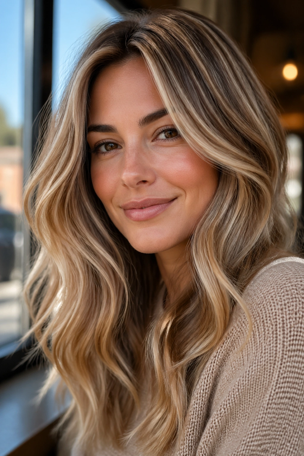 Close-up portrait of a real person with Sandy Blonde, Beige Brown, and Pearl Calico hair