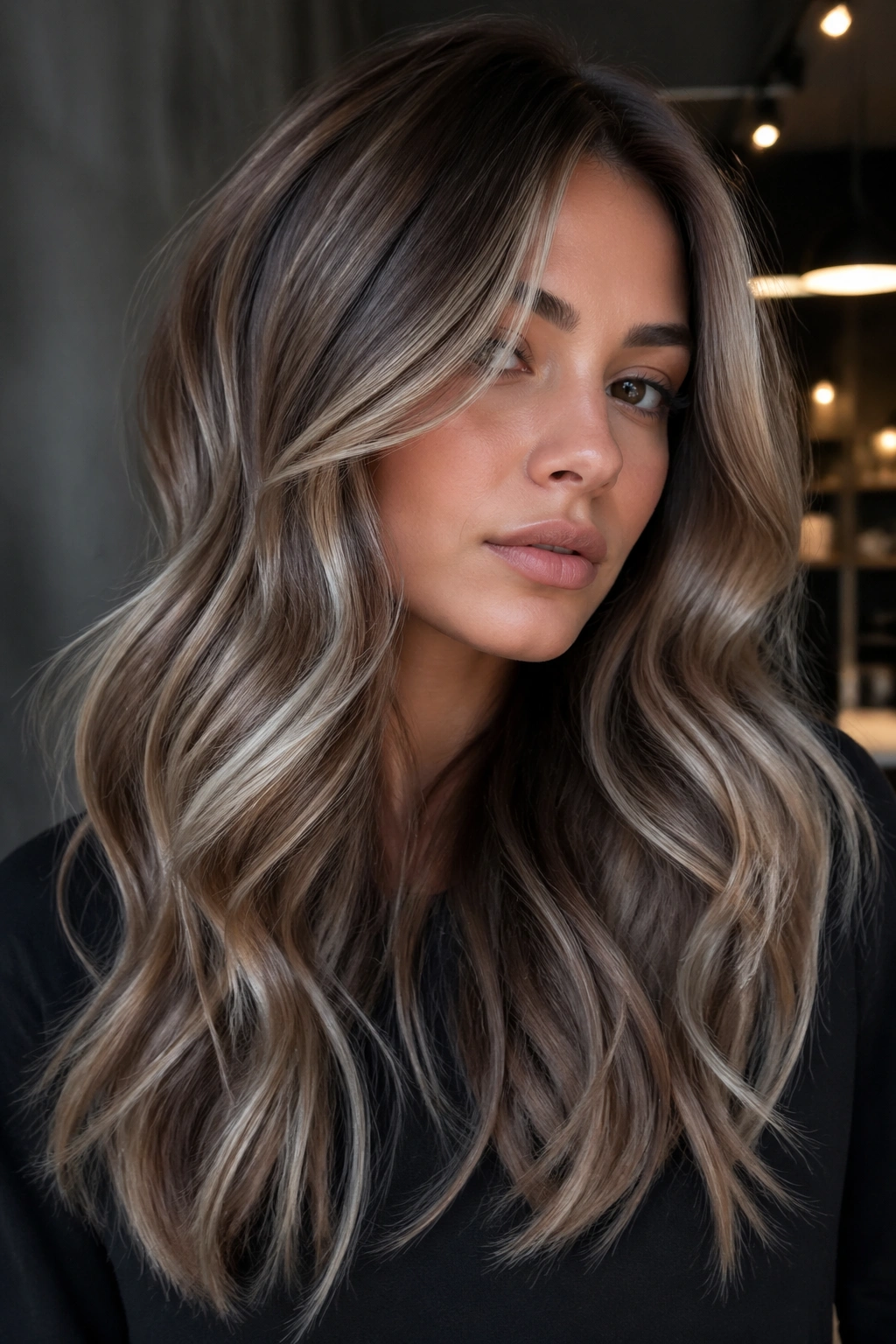 Close-up of a real person with mushroom taupe ash calico hair in a moody interior