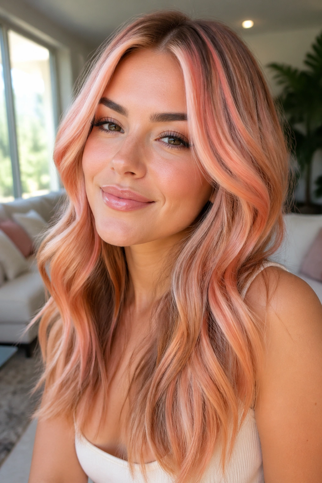 Close-up of a real person with peach apricot rose gold calico hair by a sunny window