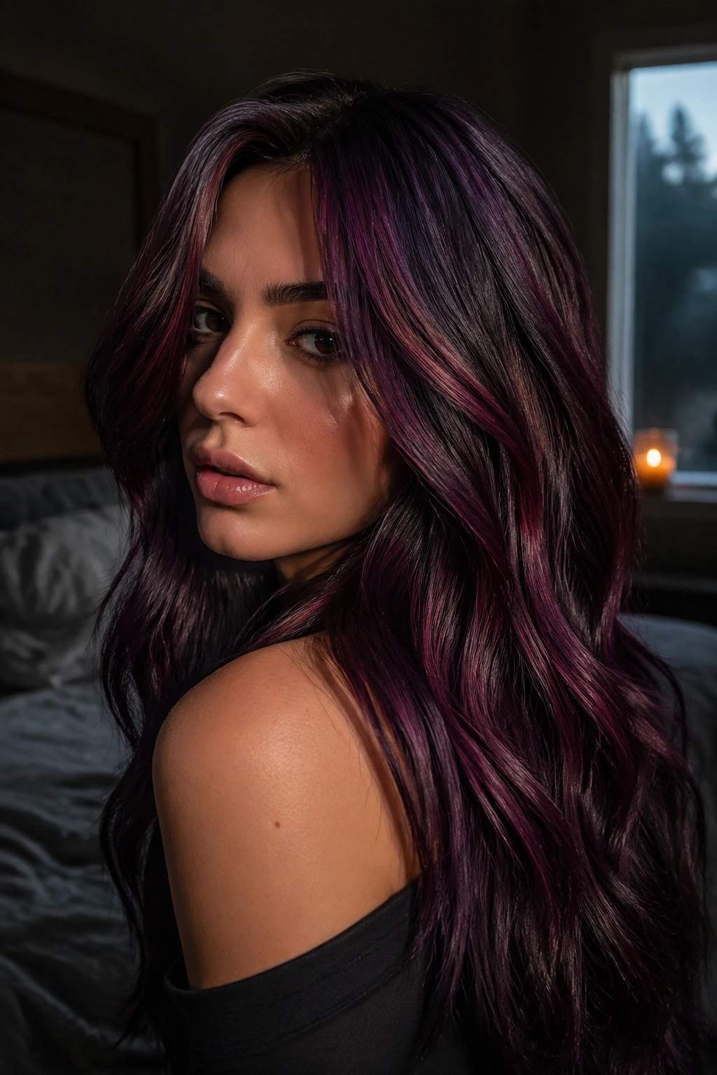 Close-up portrait of a real person with Plum, Mulberry, and Smoky Brown Calico hair