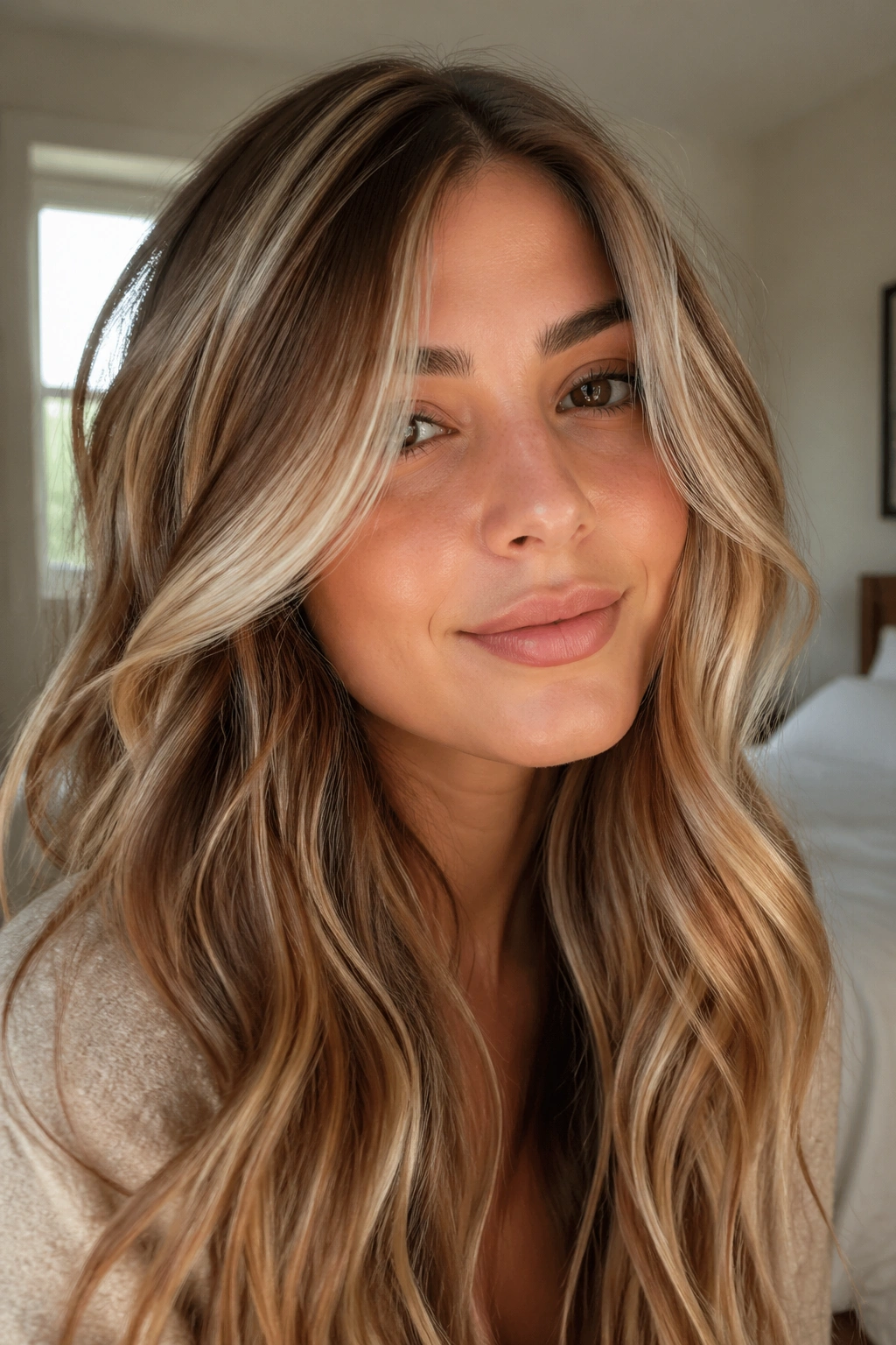 Close-up of a real person with caramel honey beige calico hair in a sunlit bedroom