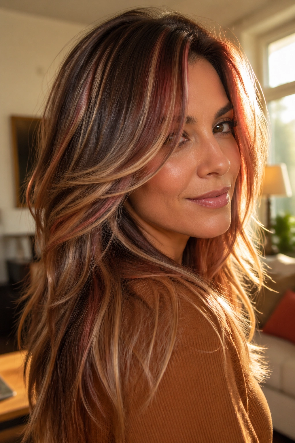 Close-up portrait of a real person with Butterscotch Blonde, Walnut Brown, and Strawberry Gloss Calico hair