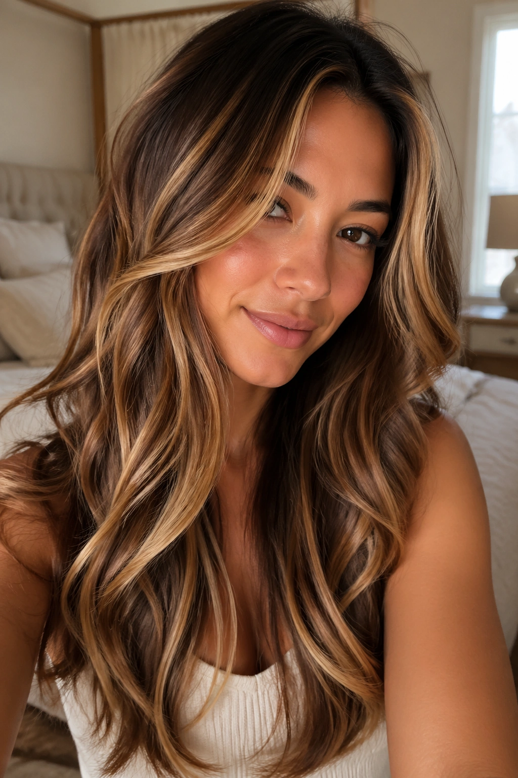 Close-up of a real woman with long layered calico waves featuring a brown base with caramel and blonde ribbons.