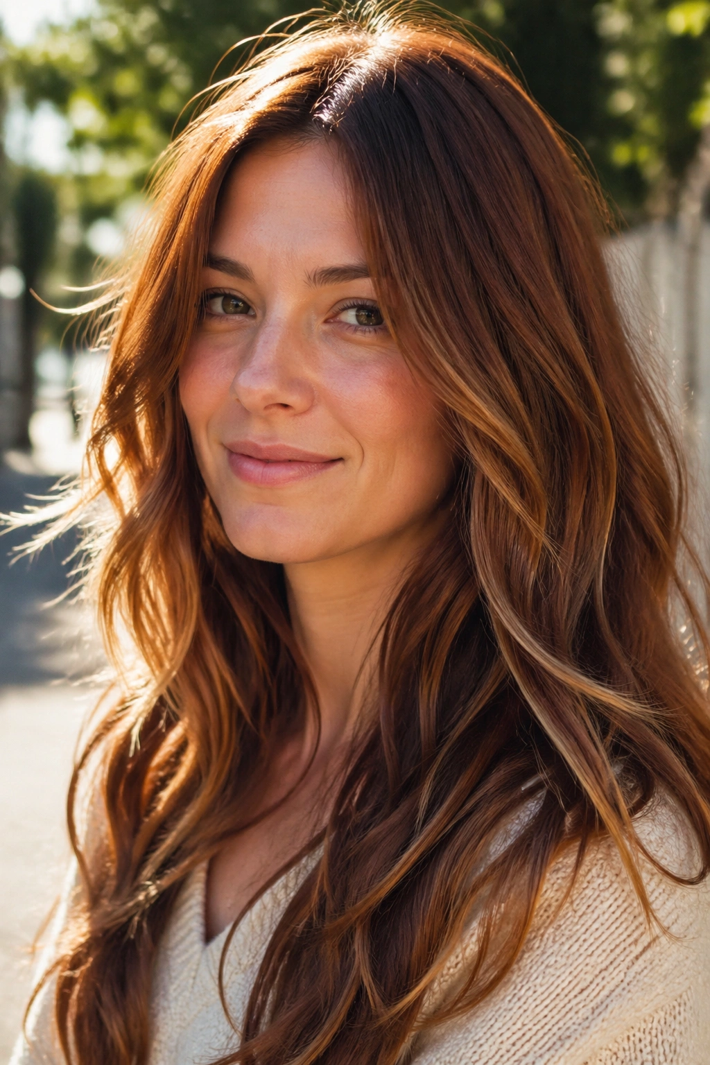 Close-up of a real person with caramel auburn hair featuring caramel ribbons and sunlit warmth.