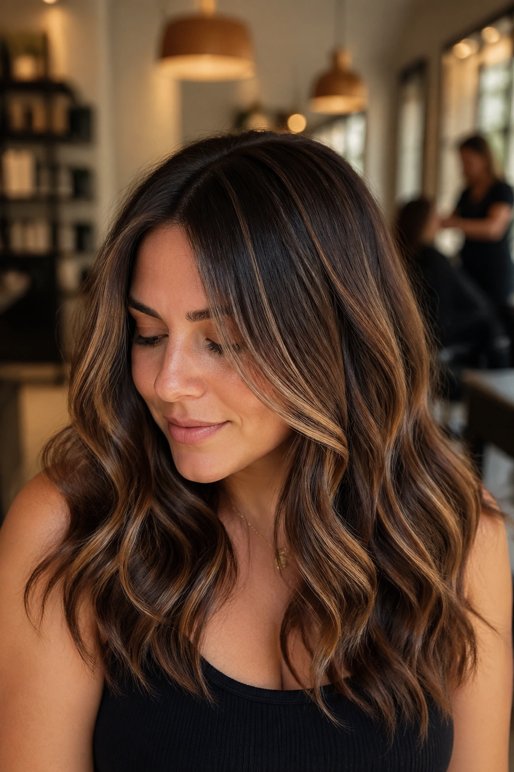 Close-up portrait of brunette with caramel ribbons balayage and soft root shadow.