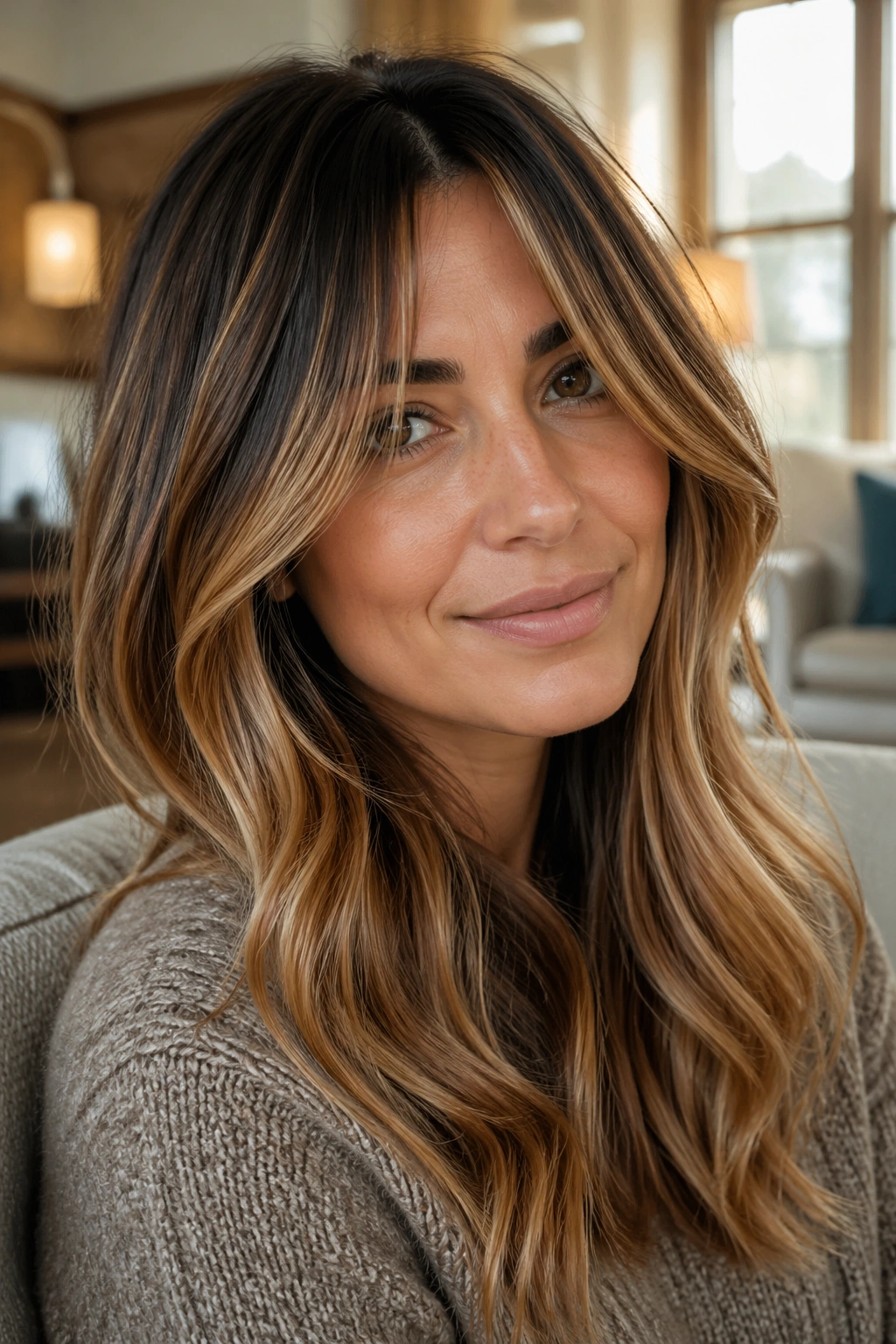 Curtain bangs with caramel balayage blended into face-framing pieces