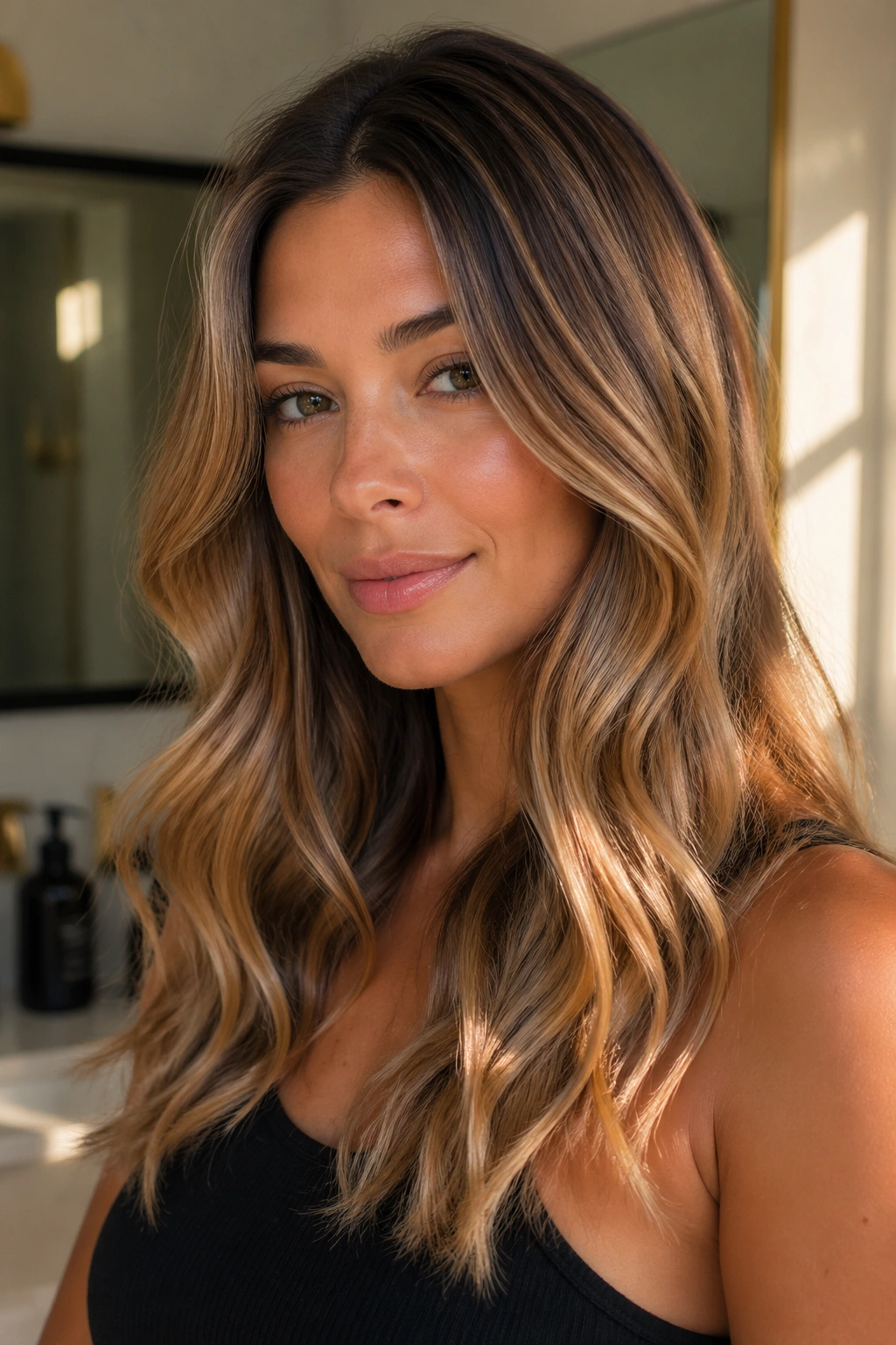 Close-up portrait of a real woman with soft rooted caramel balayage and glossy ends