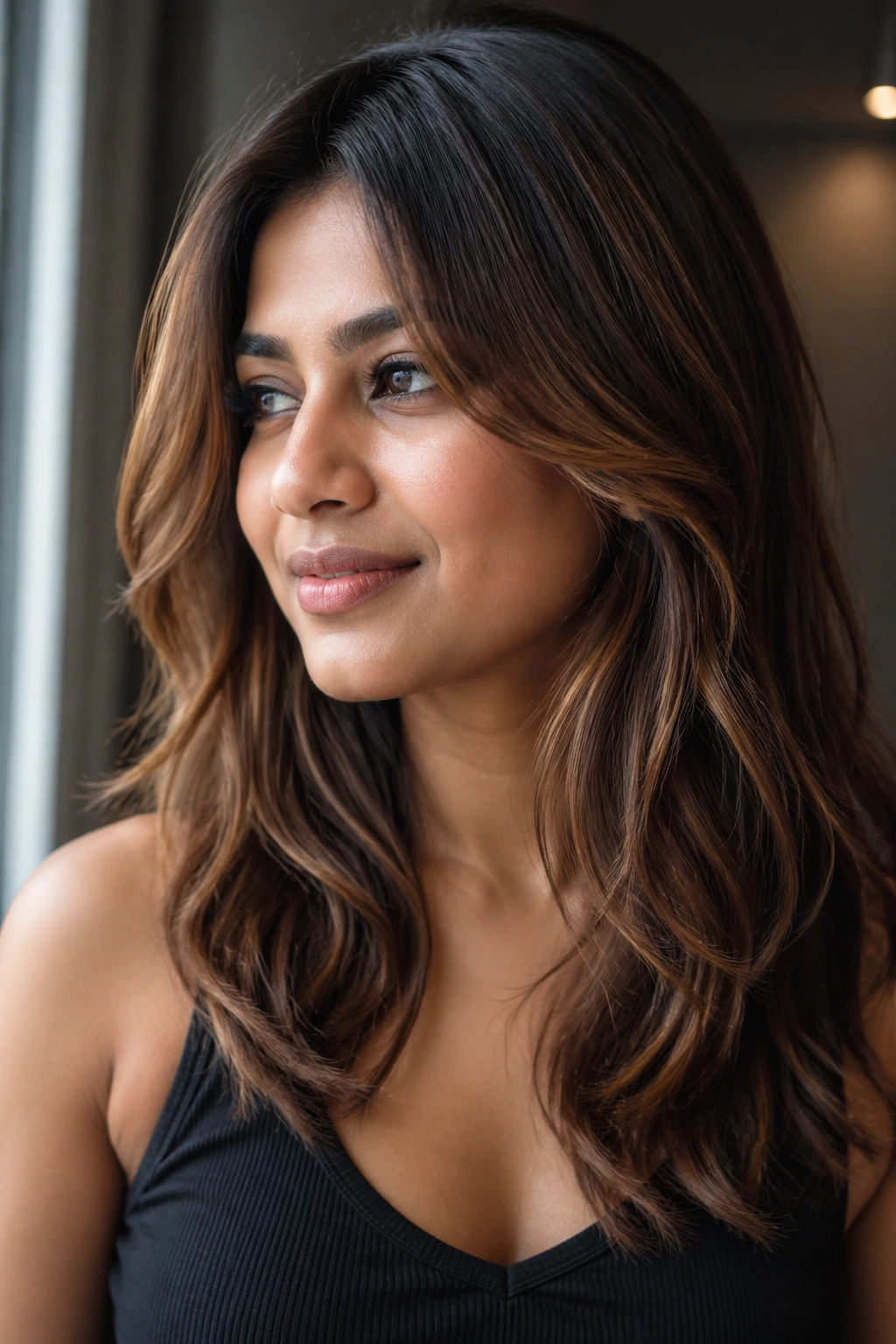 Close-up portrait of a real person with caramel balayage and face-framing pieces on Indian skin tones