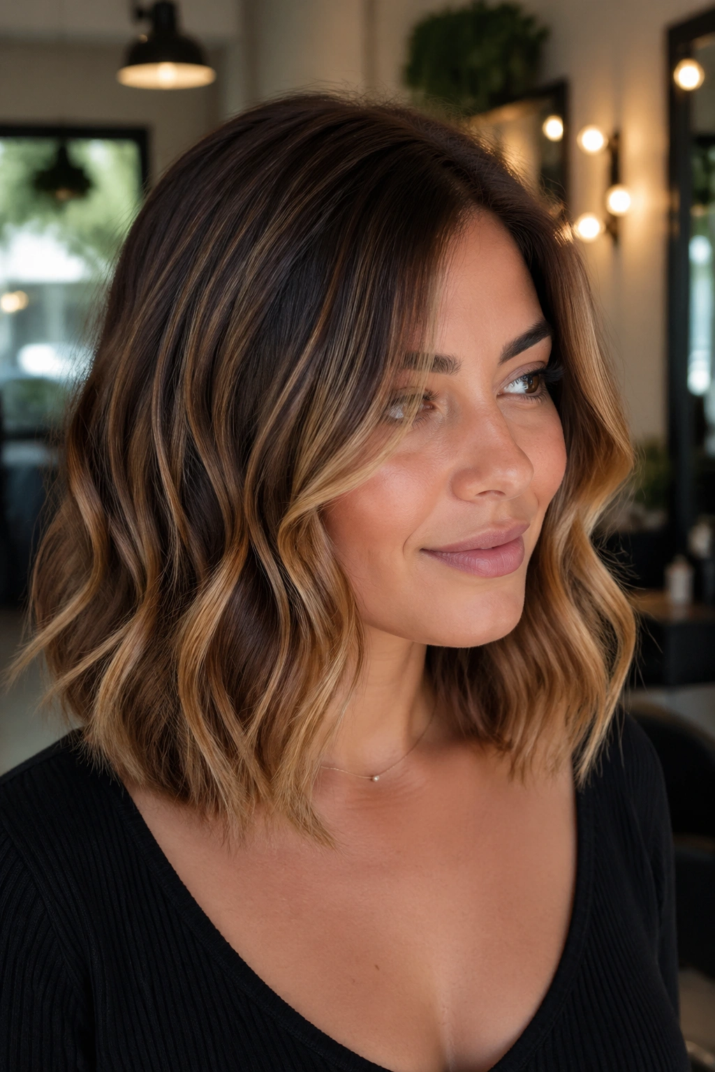 Close-up of real woman with caramel ribbon balayage on a medium-length lob in warm salon light