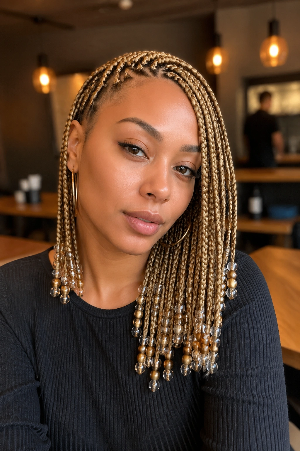 Real person with caramel blonde side-part braids and mixed beads