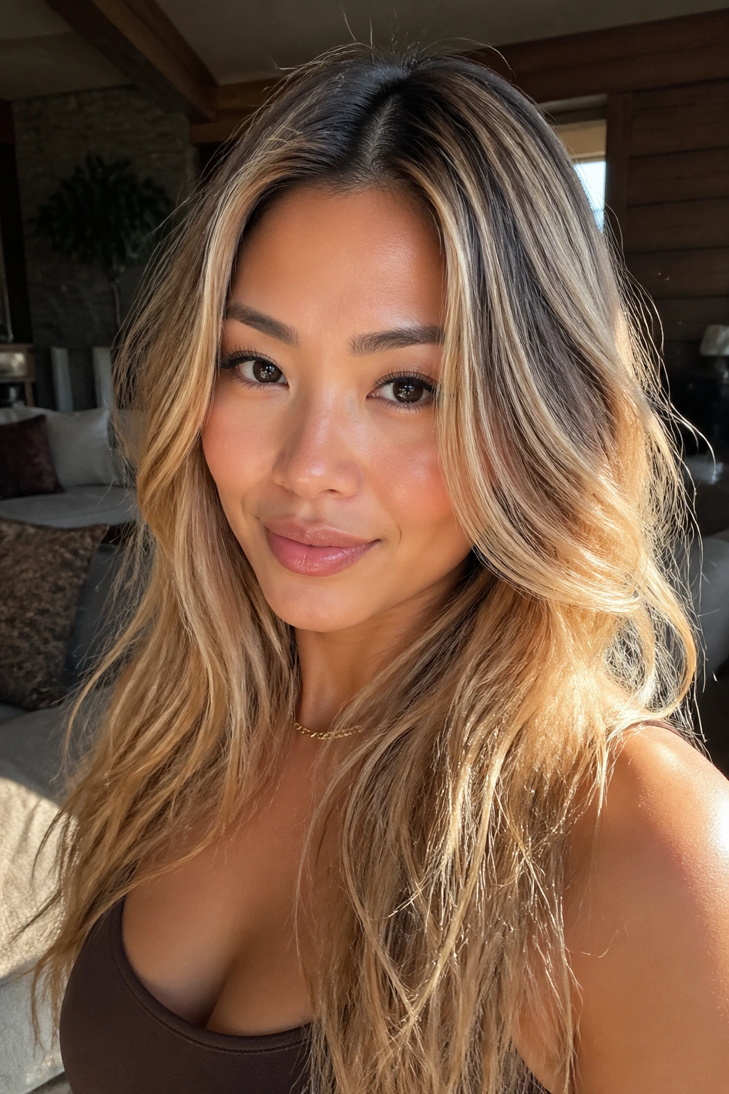Close-up portrait of a real woman with caramel blonde hair and a neutral root in warm indoor lighting.