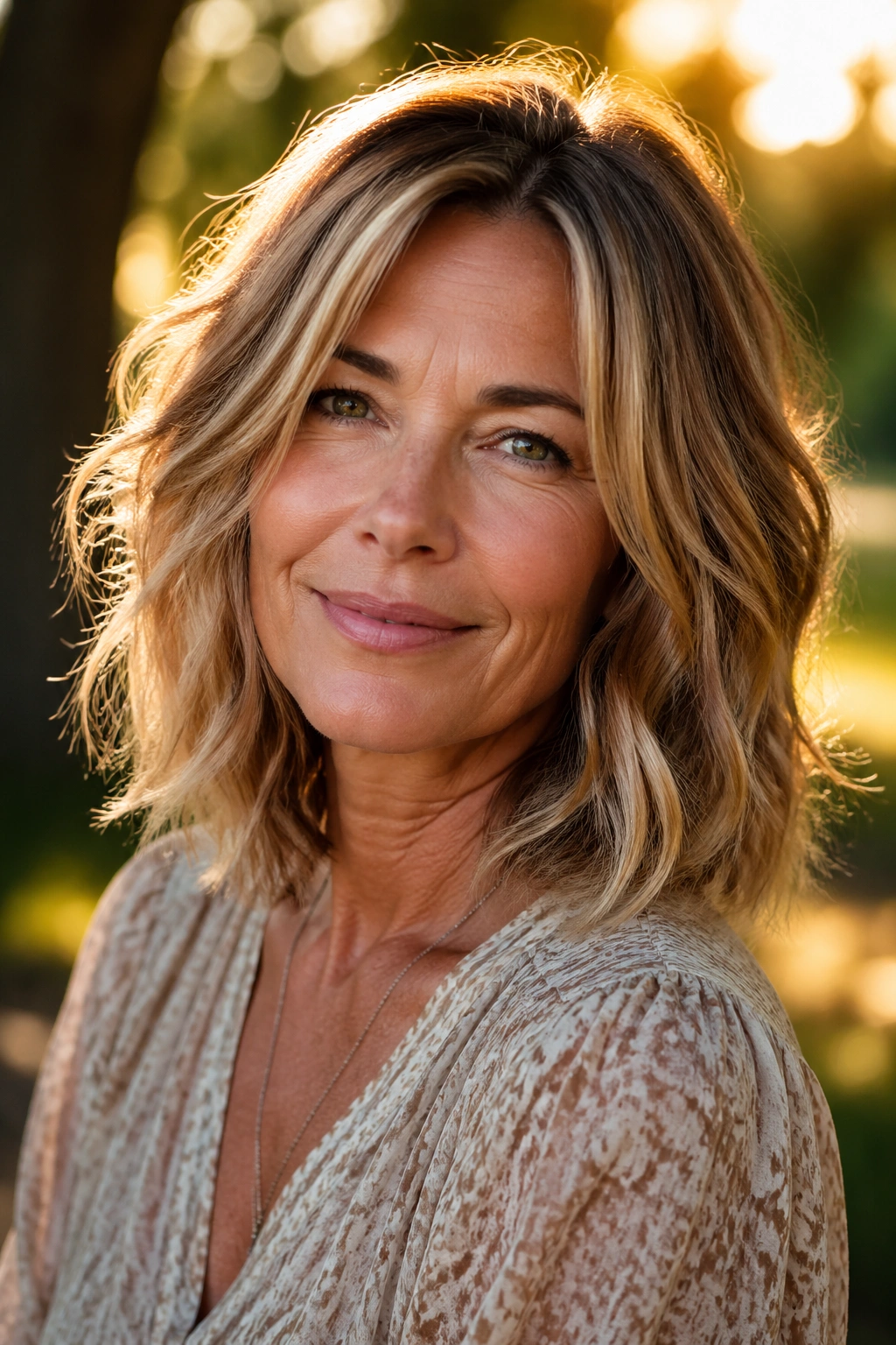 Close-up portrait of a real woman with a caramel-infused tousled midi cut