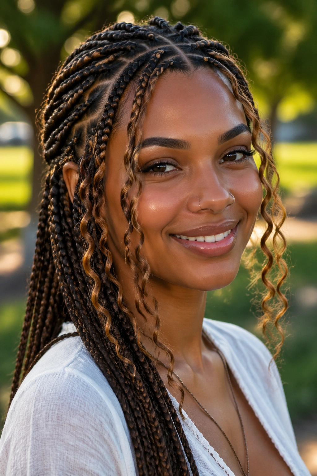 Close-up of real woman with caramel face-framing brown boho knotless braids