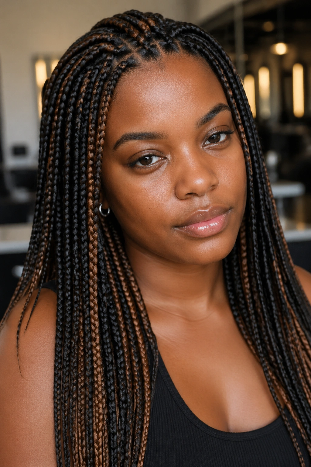 Close-up of a real woman with caramel brown knotless box braids in small parts in a soft-lit studio