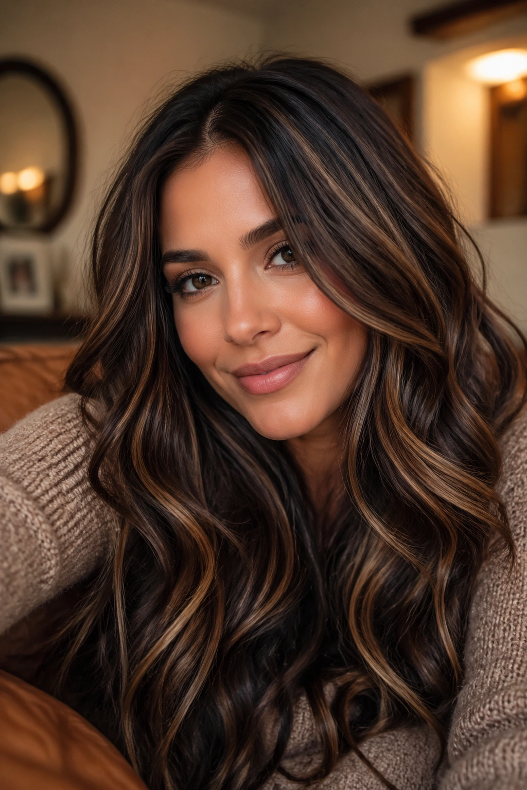 Close-up of a woman with dark brown hair and caramel highlights in a warm indoor setting.