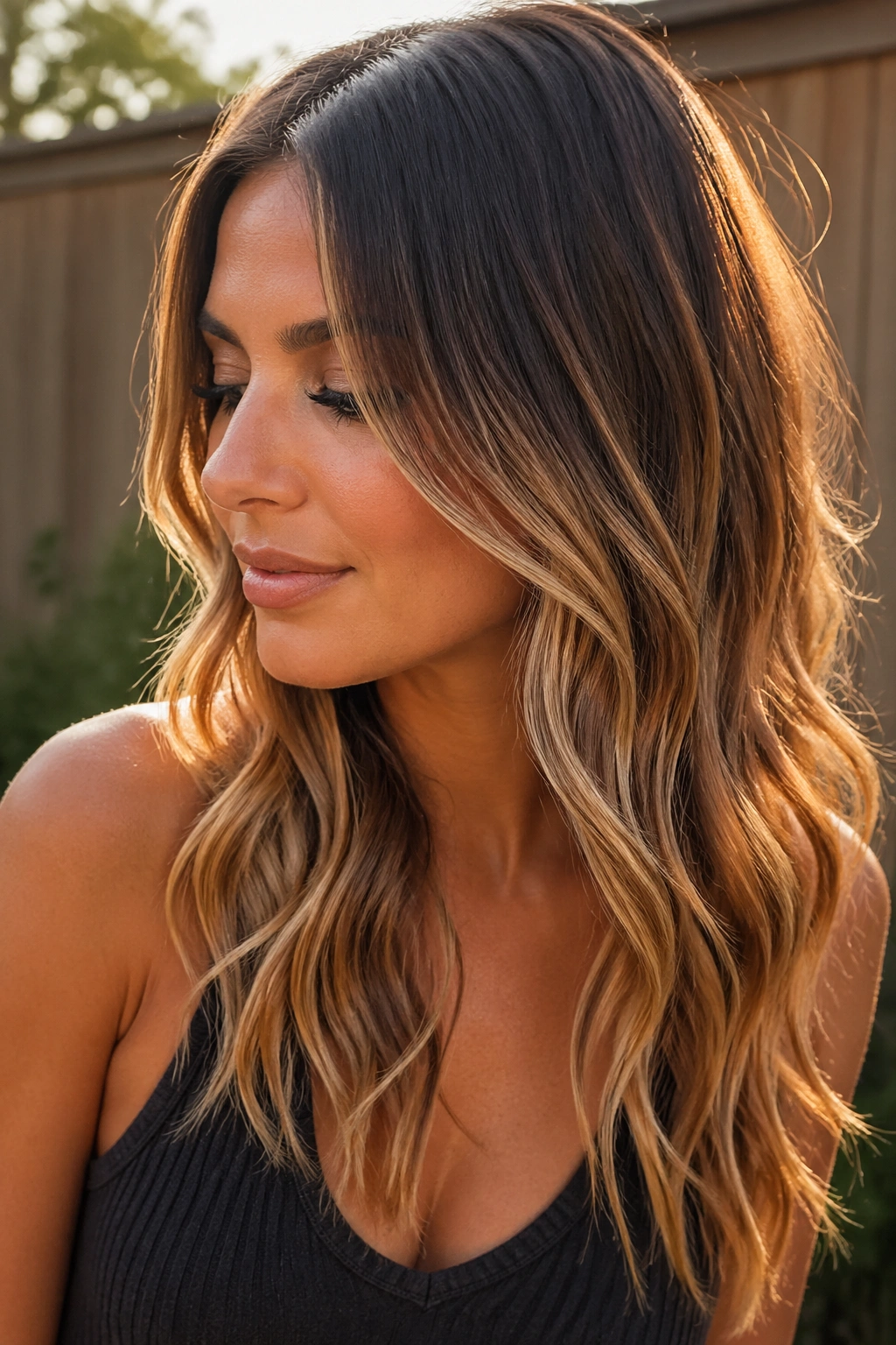 Close-up of a woman showing caramel ends and rooty melt in hair outdoors during golden hour