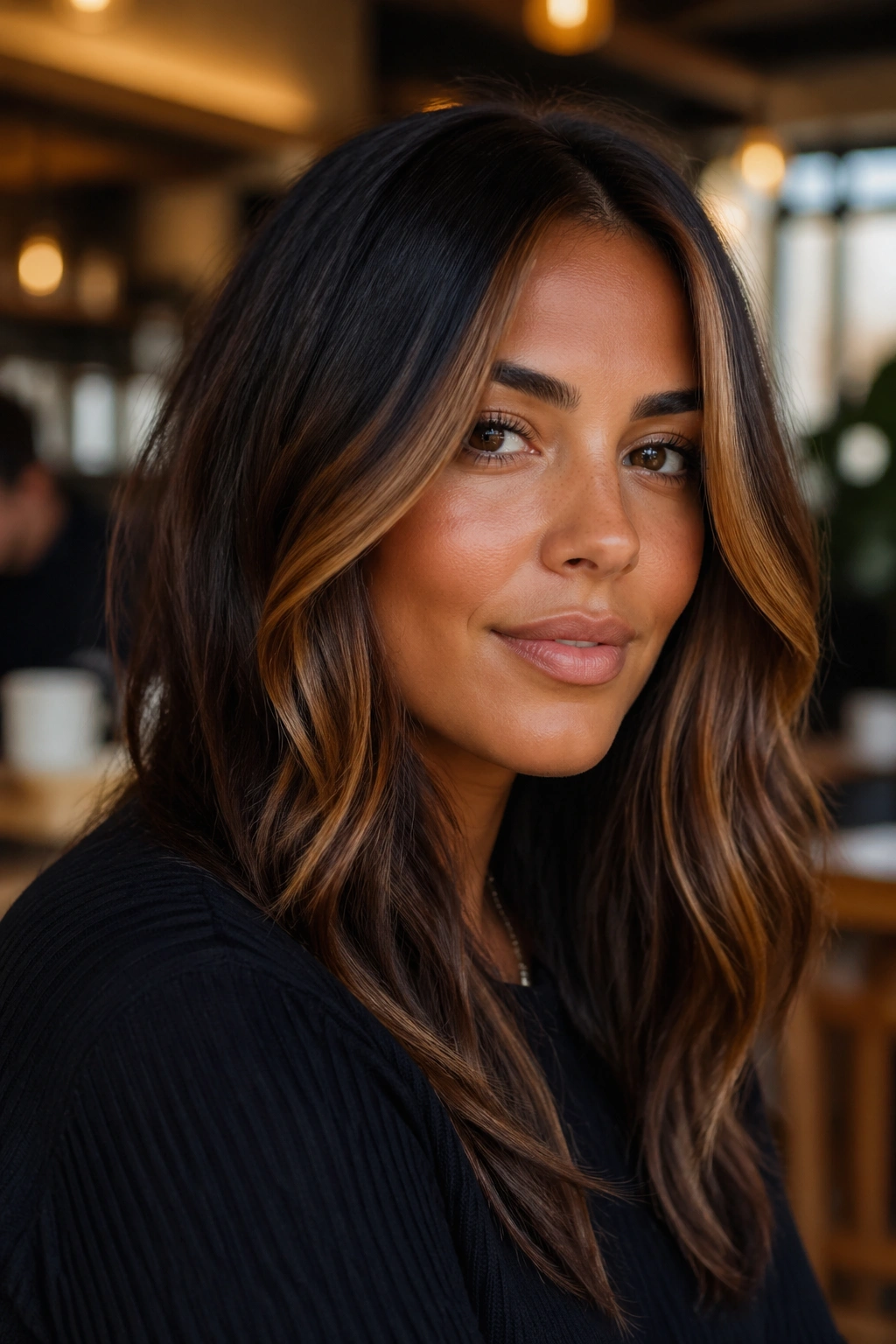 Portrait of a woman with caramel face-framing pieces in chocolate brown hair.