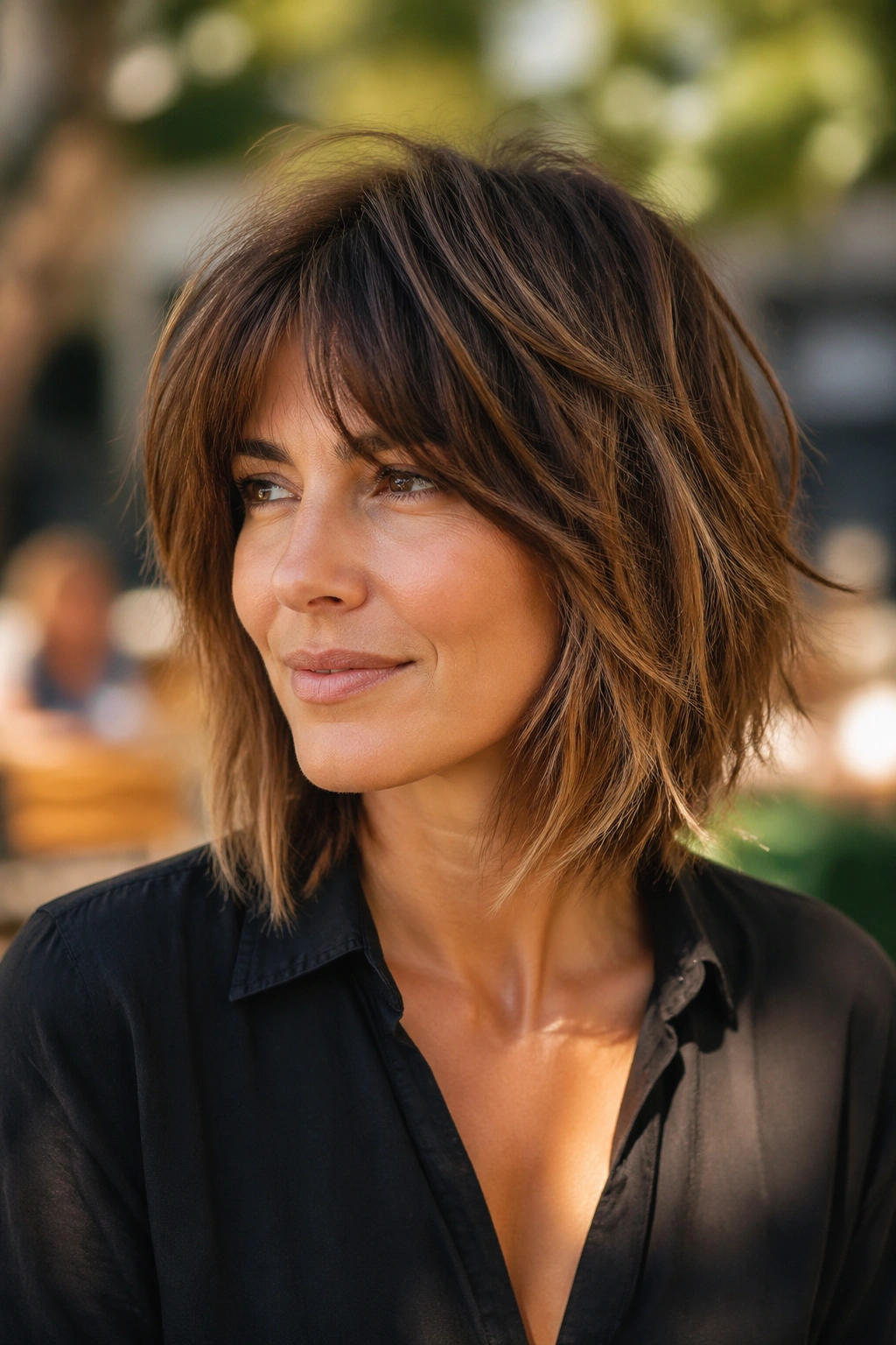 Real woman with caramel layered shag bob showing textured layers and caramel highlights.