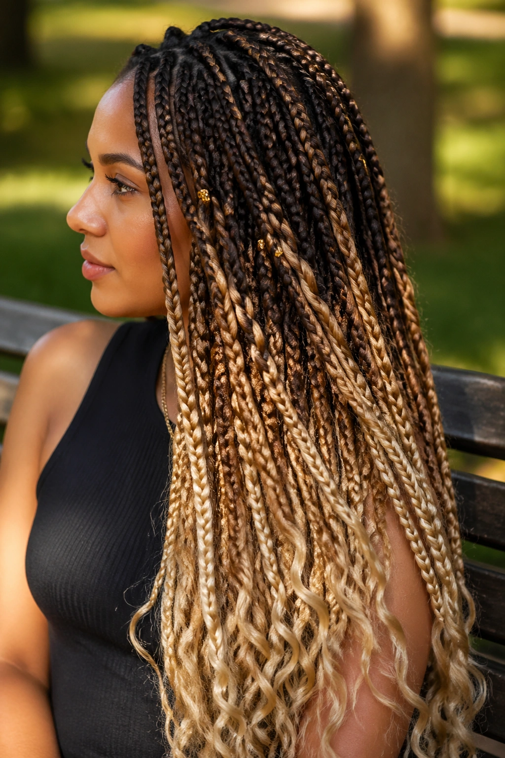 Close-up of caramel to blonde ombre on brown goddess box braids