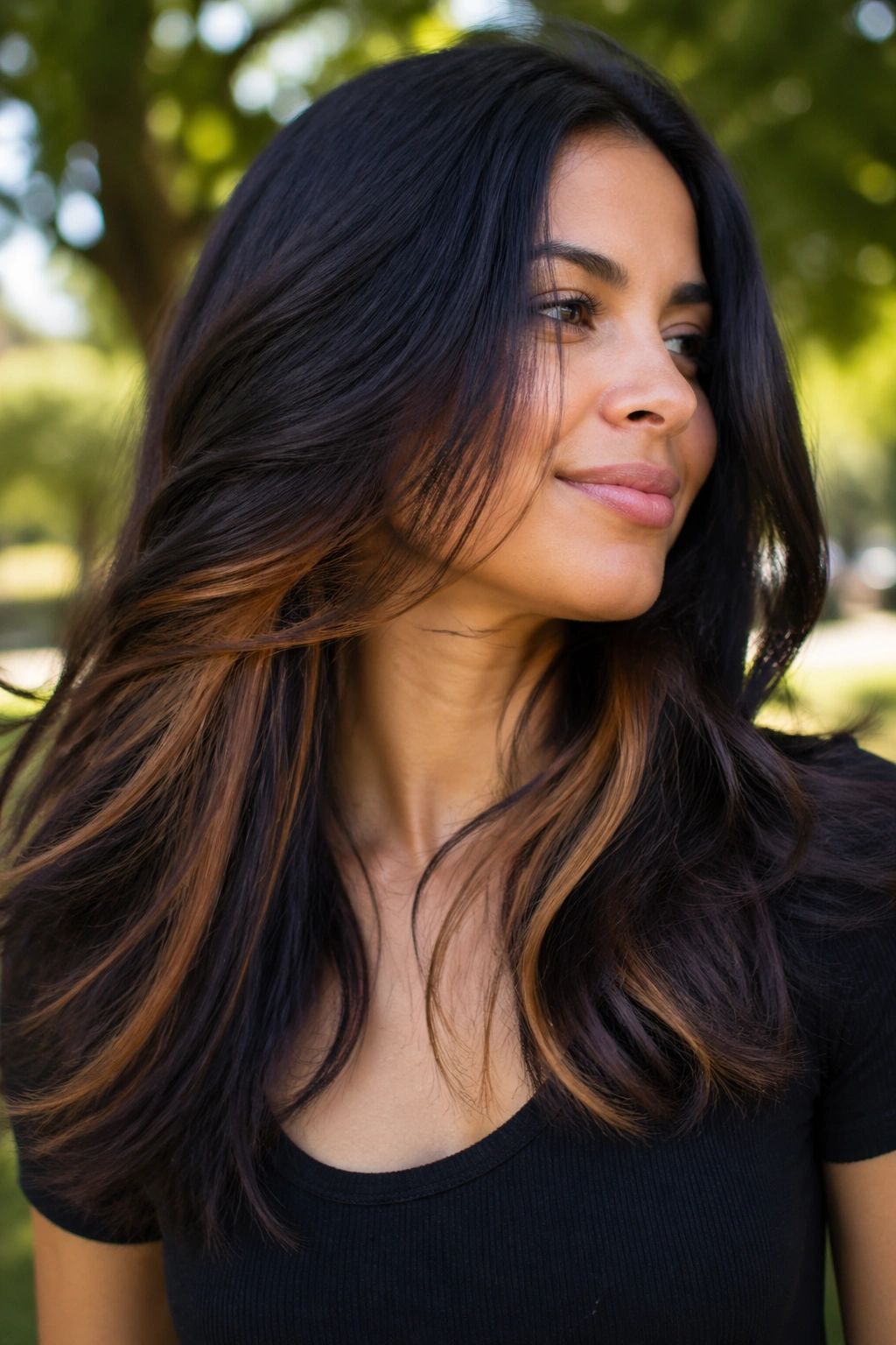 Close-up of hair with caramel peekaboo pieces under the top layer