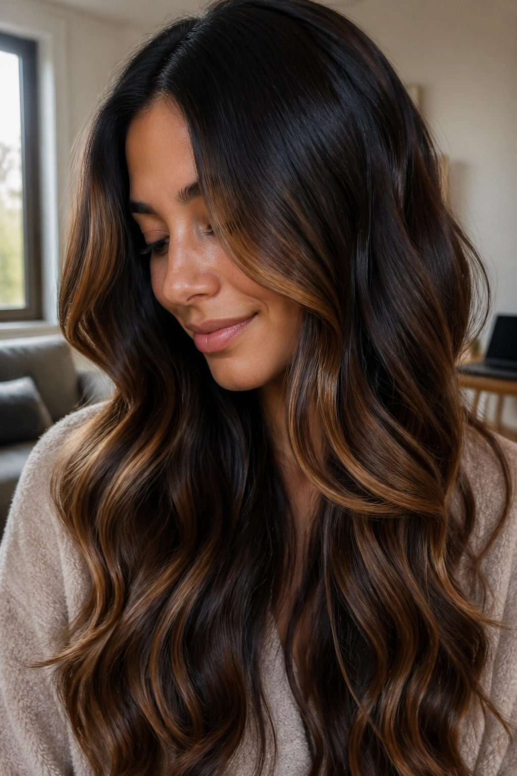 Close-up of a real woman with dark brown hair and caramel ribbon balayage in long waves