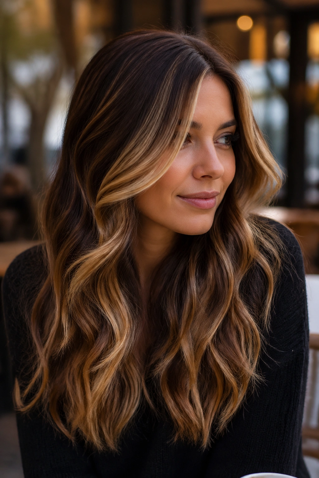 Close-up of a real woman with caramel ribbon balayage around the face.