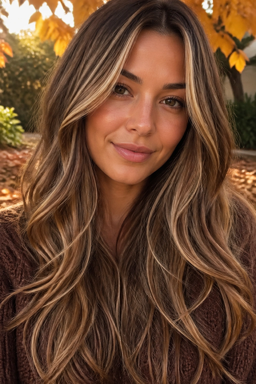 Close-up of a real woman with caramel ribbon highlights around the face in golden-hour light