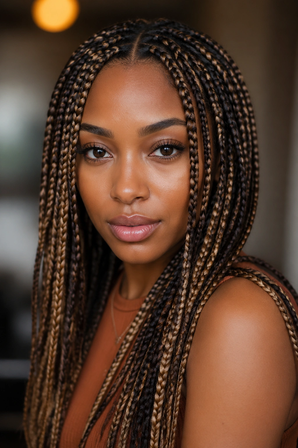 Close-up of braids with caramel ribbons woven through a dark base