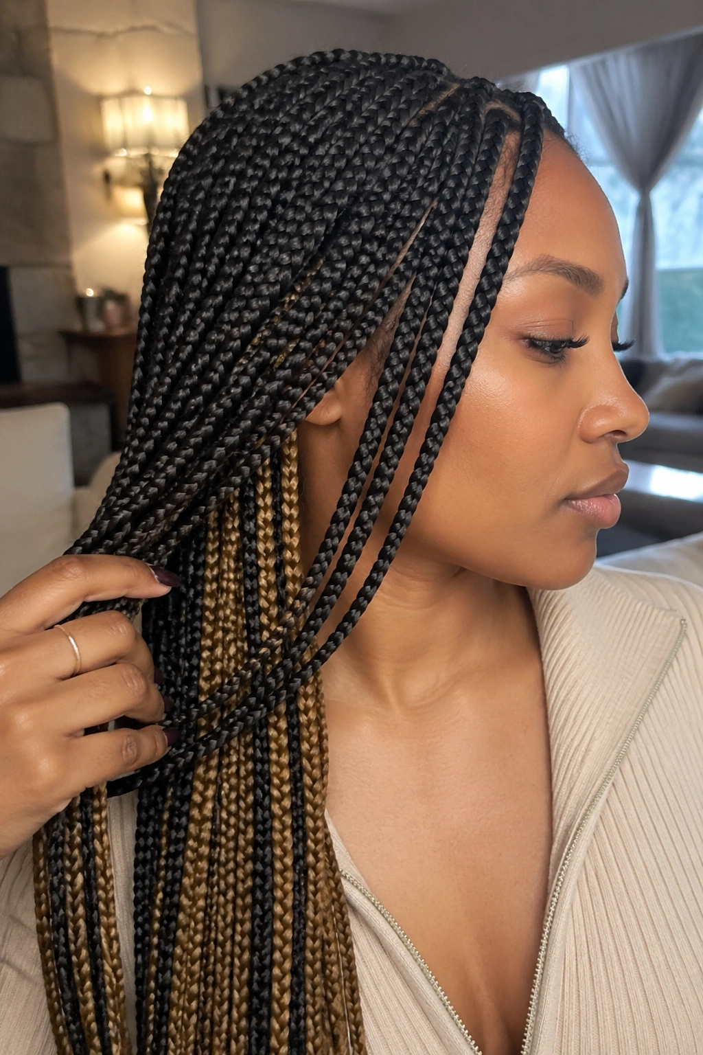 Portrait of a real person with caramel underlayer ribbons in medium box braids.