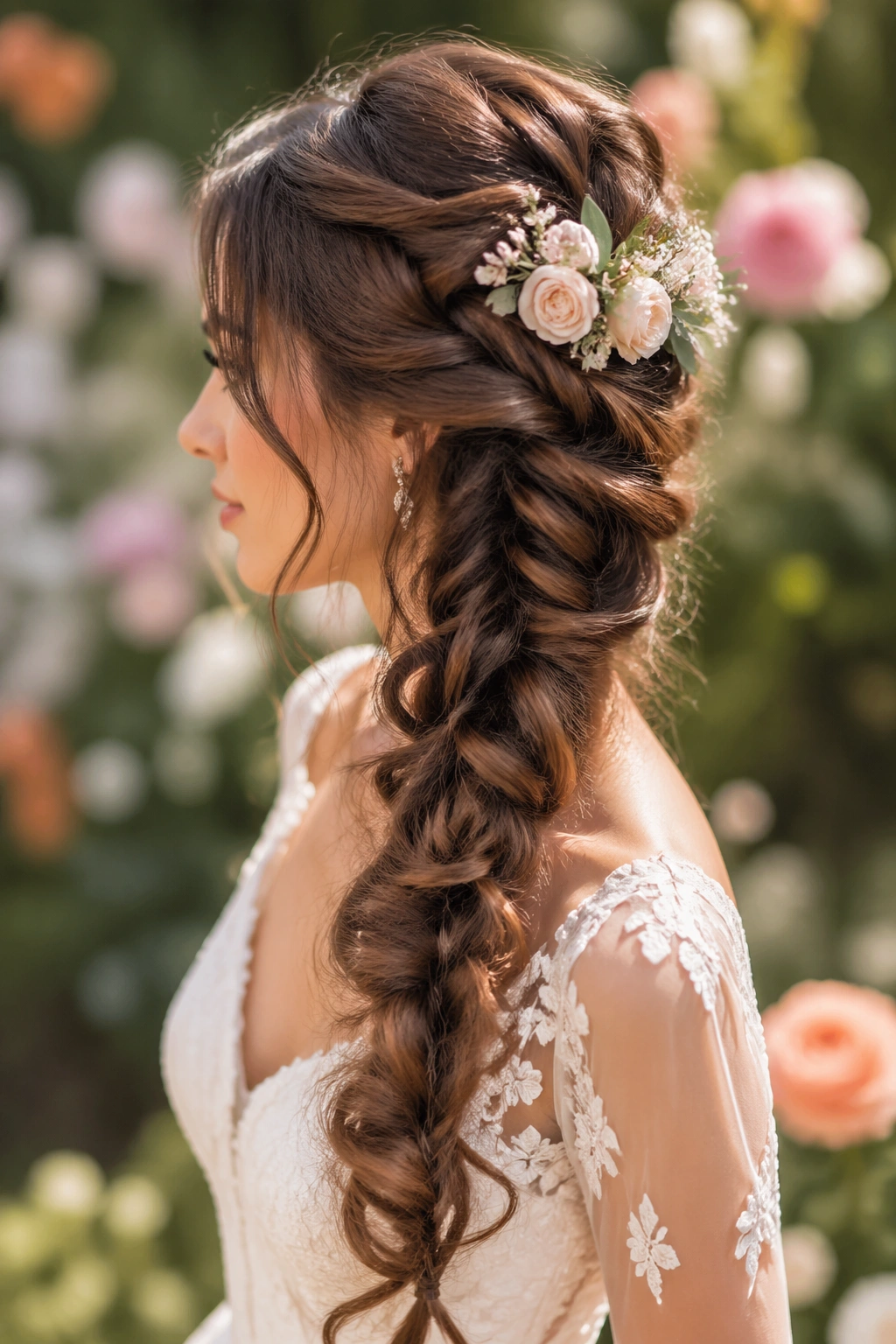 Close-up of a real woman with a long cascading fishtail braid in a garden setting