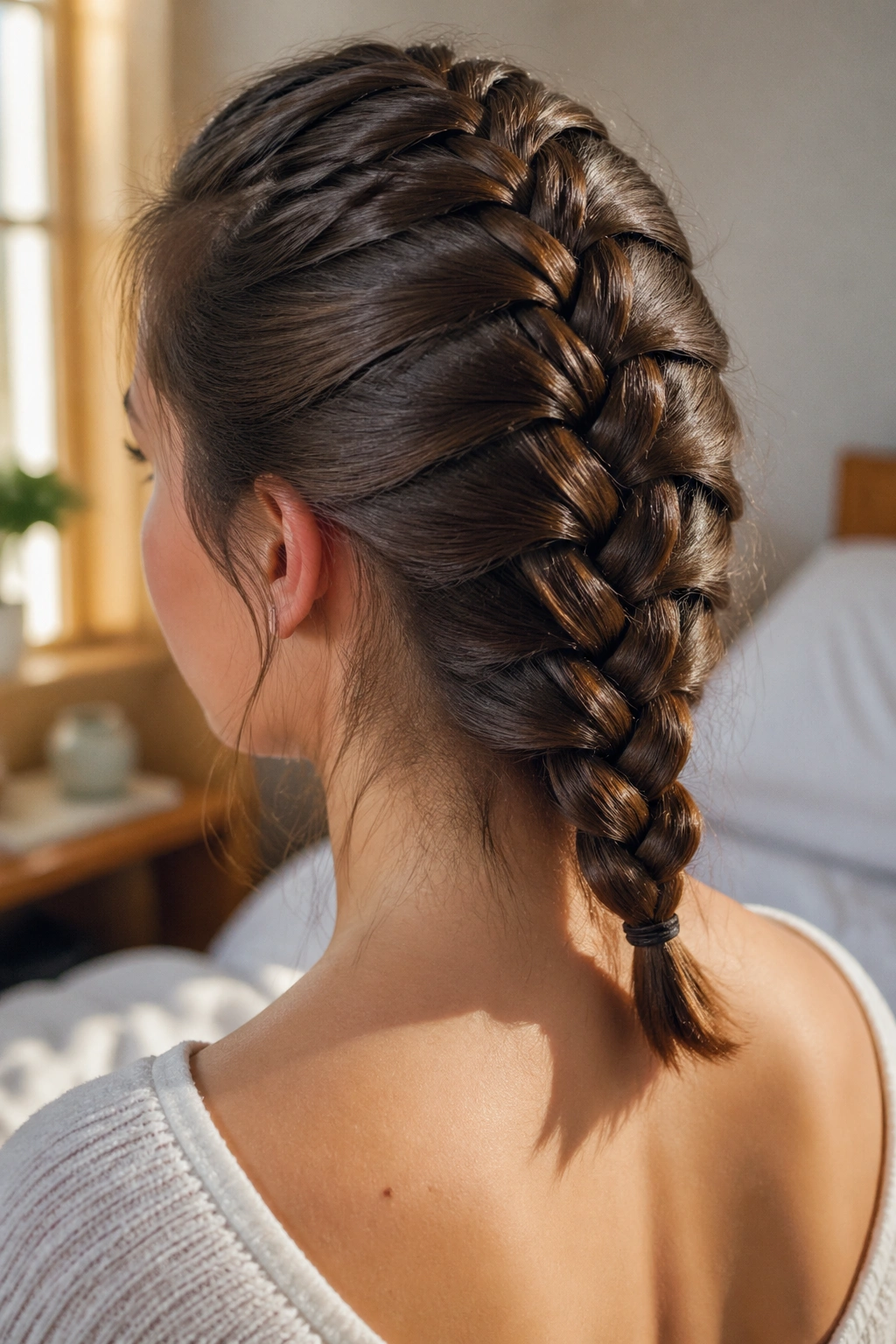 Close-up portrait of a real woman with a center-back French braid starting at the crown