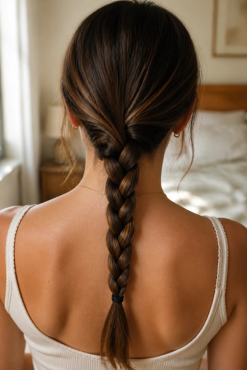 Close-up of a real woman with a center-back three-strand braid under the occipital bone, natural window light.