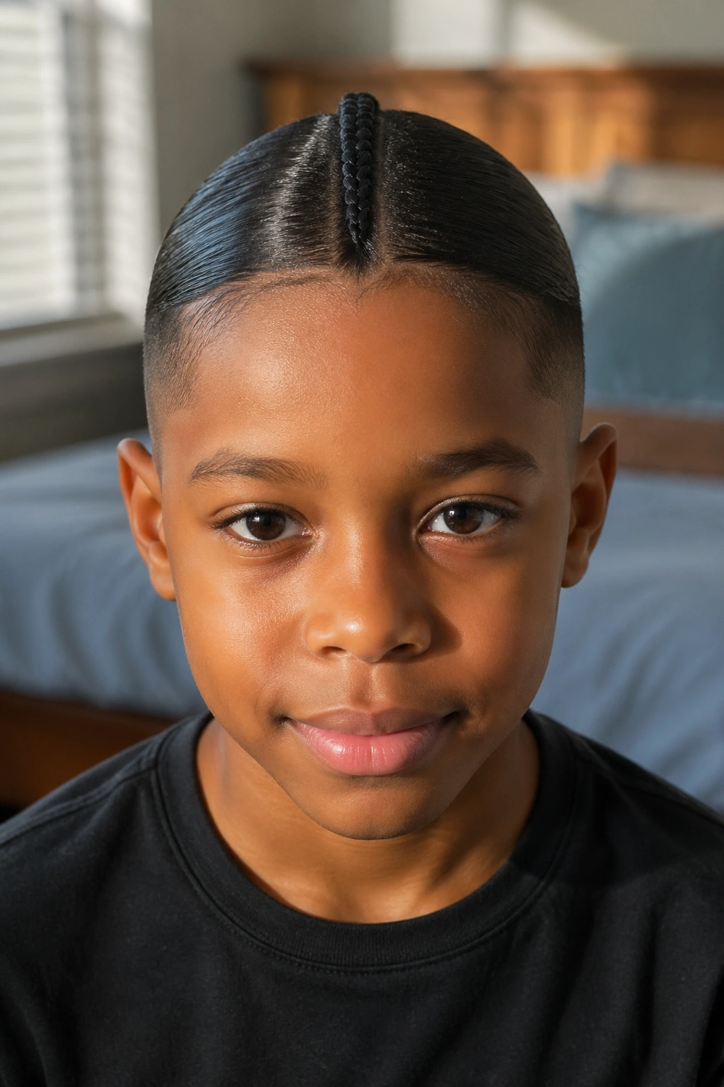 Close-up of a real child with a single center braid down the middle in warm bedroom light