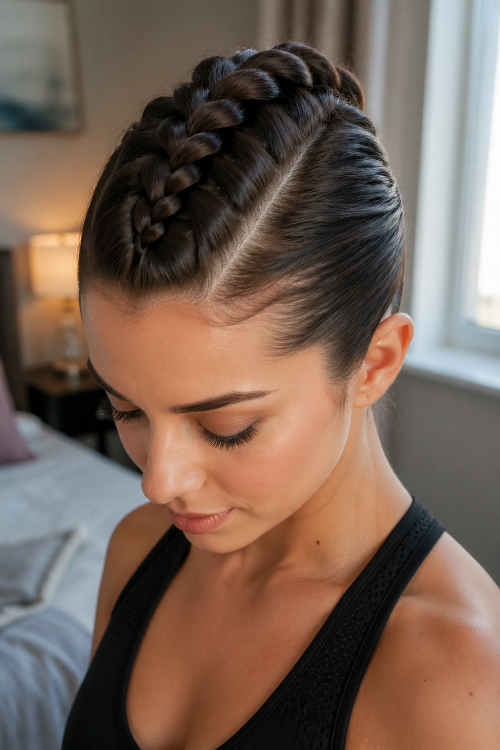 Close-up of a real person with a center Dutch braid mohawk and slicked-back sides