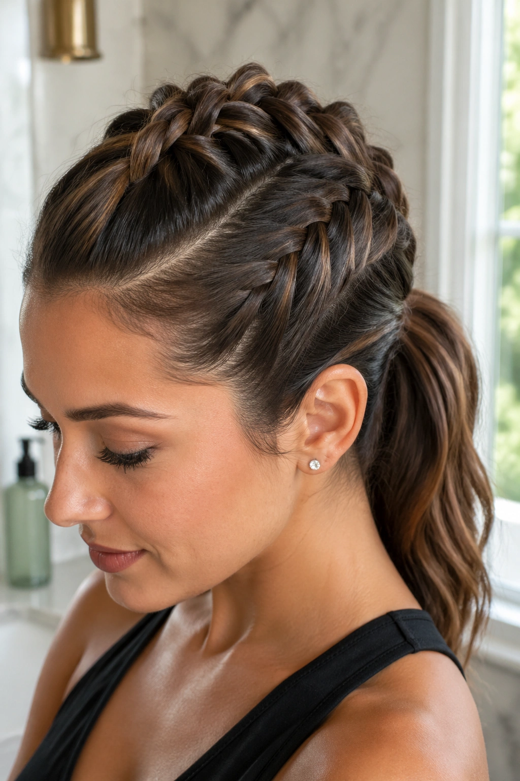 Real woman with center Dutch braid into a small ponytail, natural light.