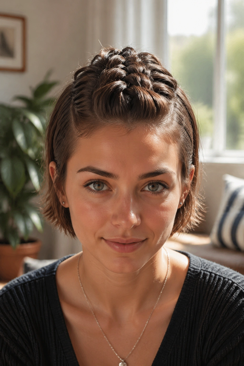 Center Dutch braid on top of short hair - portrait