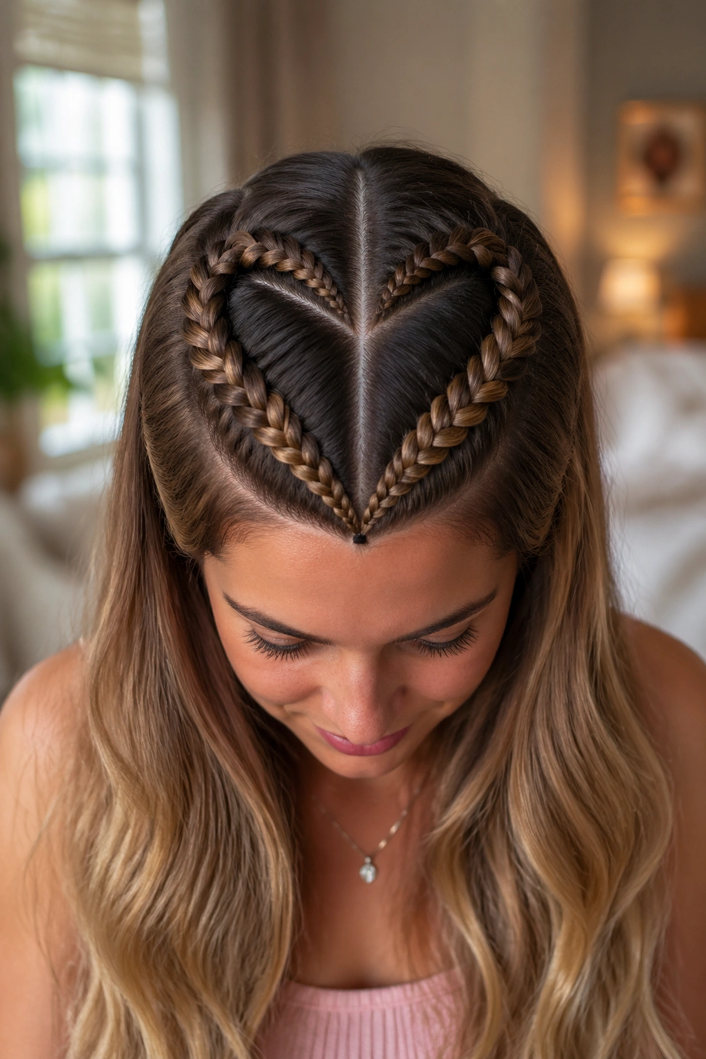 Close-up of a real woman with a centered heart braid, natural window light in a softly lit bedroom