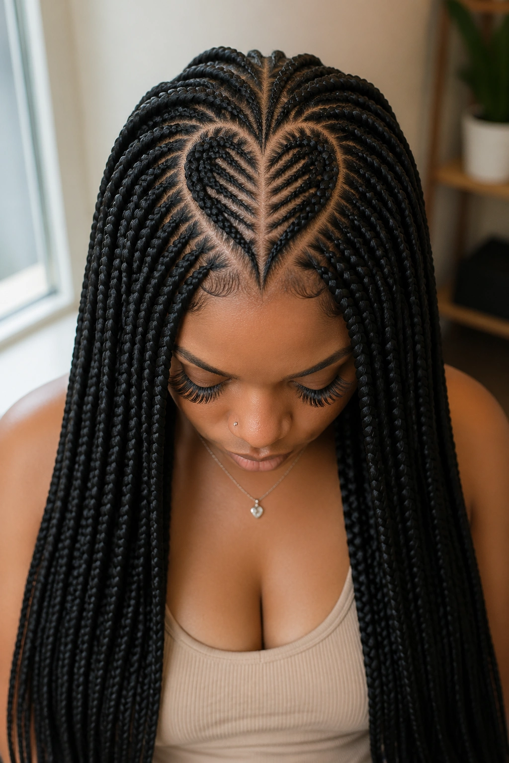 Close-up of a real woman's head with a large center heart braided into waist-length knotless braids