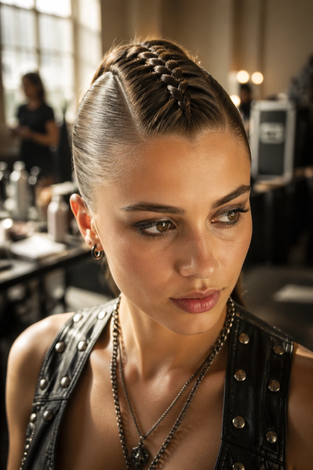 Close-up of a real woman with a center Mohawk French braid in backstage lighting