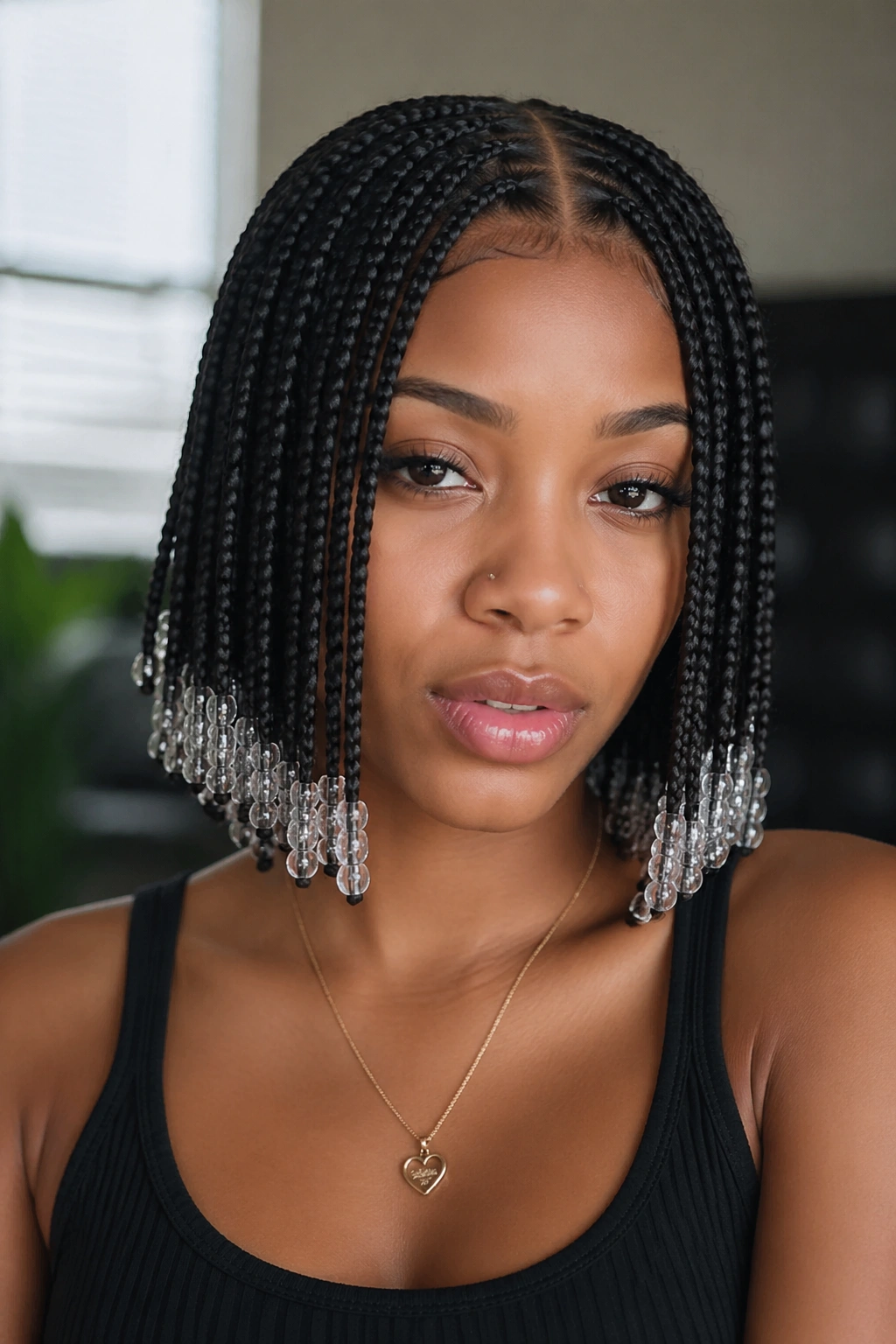 Close-up portrait of a real person with Classic Center-Part Bob With Clear Beads