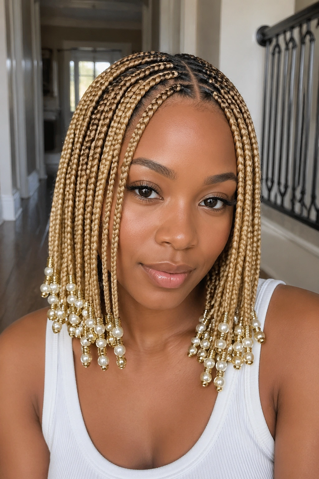 Center-parted golden blonde braids with pearl and gold bead stacks