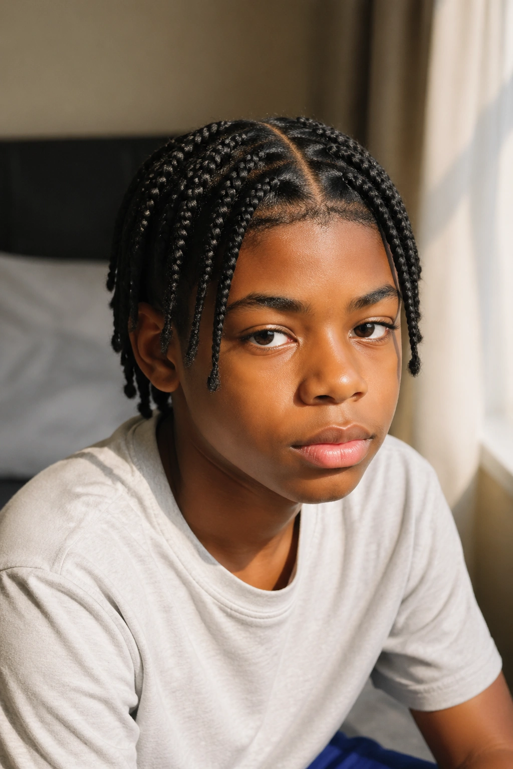 Close-up of a real boy with a center-part medium box braids hairstyle