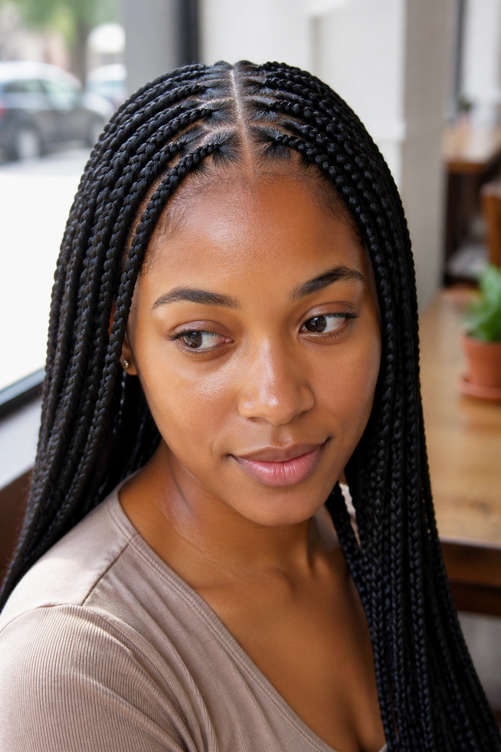 Close-up of a real woman with a crisp center-part feed-in box braids