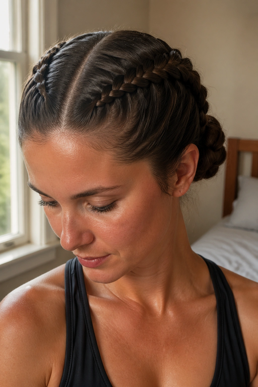 Close-up of a real woman with a center-part French braid bun concealing shiny roots