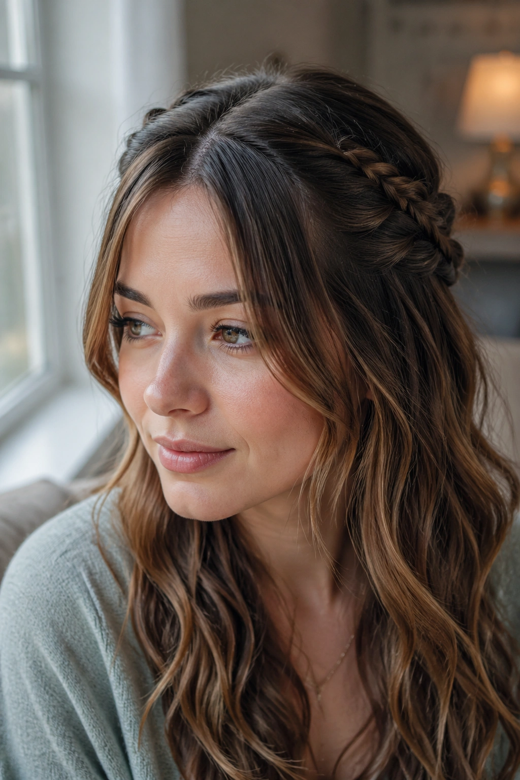 Woman with center-part braid and curtain bangs softly framing her cheeks