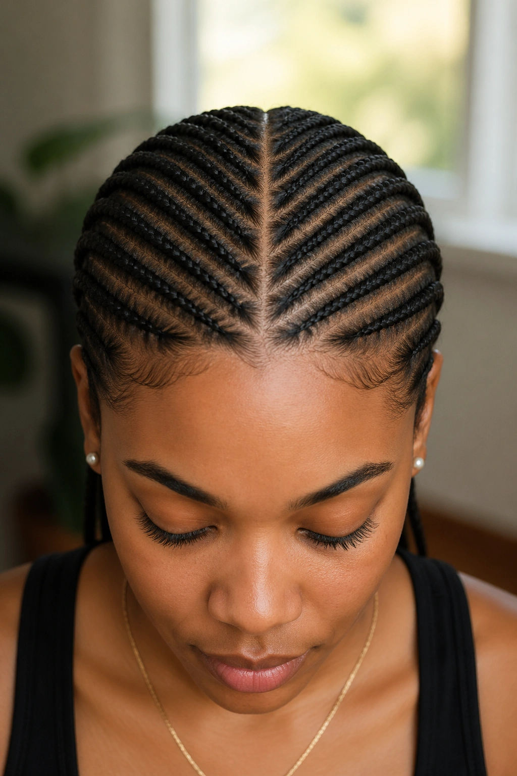 Close-up portrait of a real person showing a center-part braid map for a closure wig