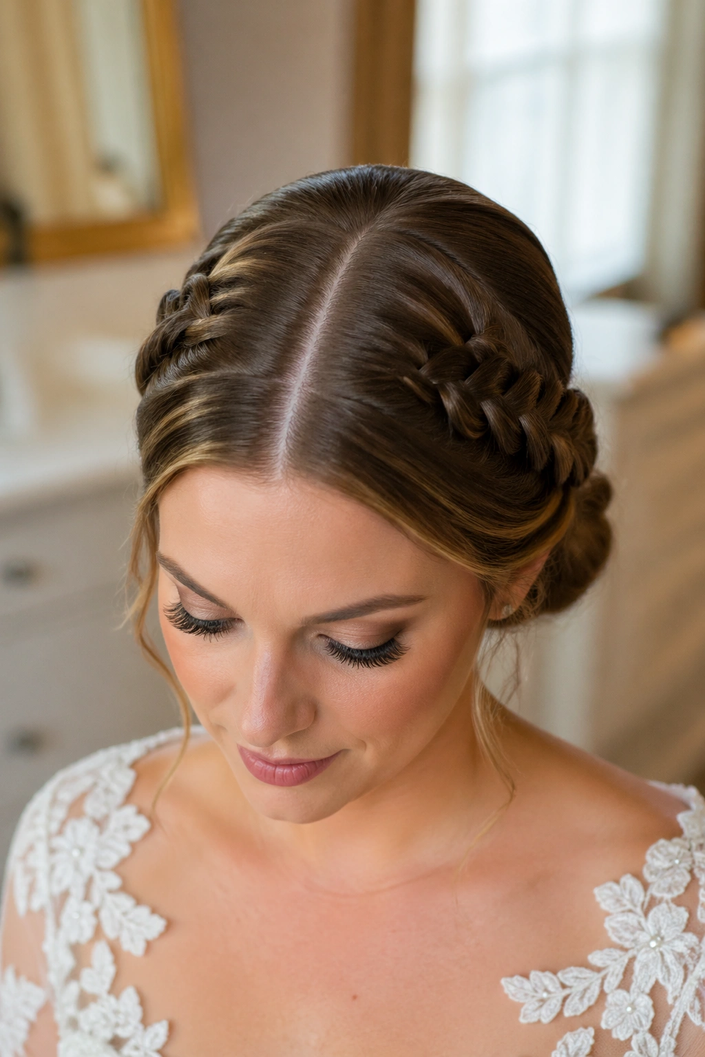 Close-up portrait of a bride with a center-part braided low bun