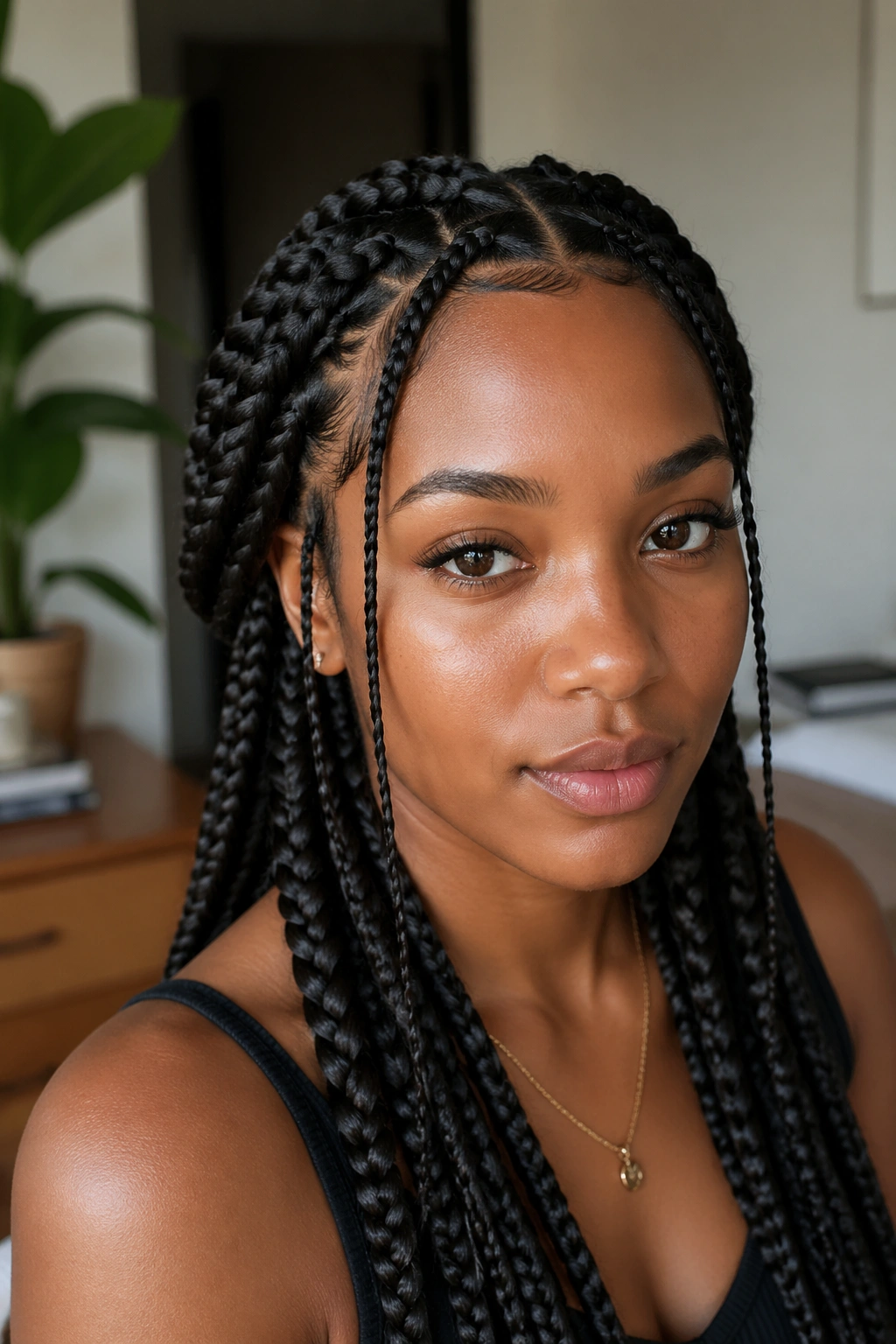 Portrait of a real person with center-part jumbo braids and two slim face-framing pieces.