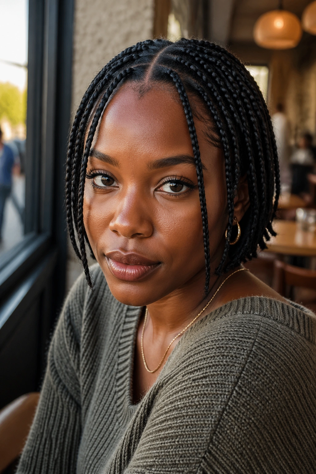 Portrait of a woman with center-part braids and face-framing pieces