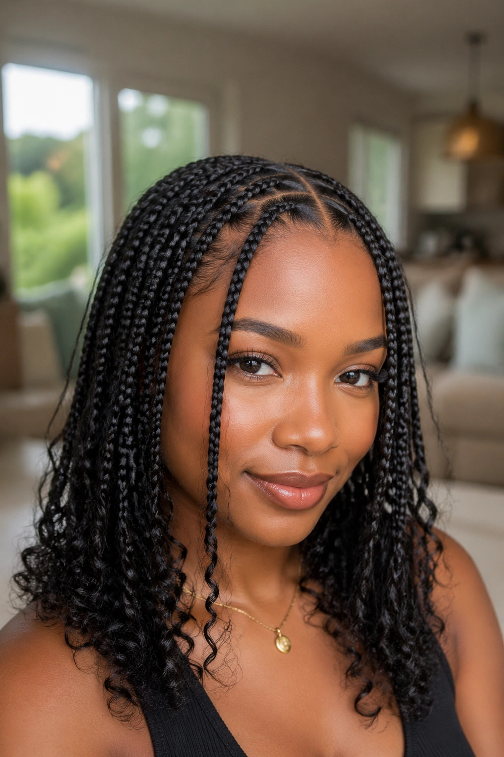 Close-up of a real woman with center-part braids and slim face-framing pieces
